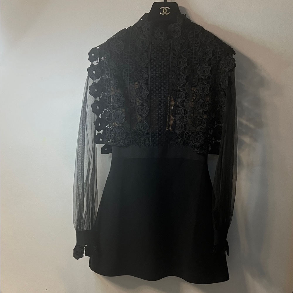Self-Portrait Black Long-Sleeve Lace & Sheer Mini Dress